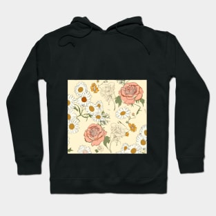 Hand-drawn floral motifs. Delicate daisies and roses scattered on a pale yellow background. Vintage flower wallpaper. Hoodie